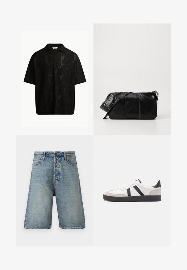 Svart kortermet polo skjorte med et teksturert, abstrakt mønster. Kragen er flat og litt åpen, noe som gir et mer avslappet design.; Denimshorts med lys blå vask, fem-lomme design og rett snitt. Holdbart stoff med synlig søm og knappelukking.; Hvite sneakers med svarte og grå detaljer, med en teksturert grå tåhette, svart gummisåle, og flate hvite lisser. Rent design, minimalistisk stil.; Svart lær skulderveske med glidelås, med teksturert overflate, hvite sømmer og en stropp med sølvringer.