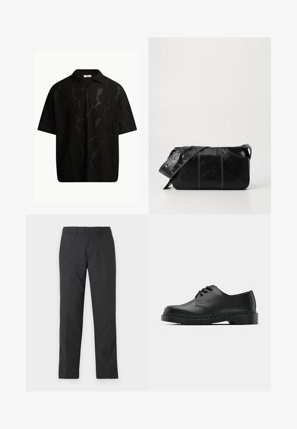 Melns īsām piedurknēm polo krekls ar teksturētu, abstraktu rakstu. Apkakle ir plakana un nedaudz atvērta, uzsverot brīvo dizainu.; Tumši pelēki pielāgoti bikses ar gludu tekstūru, taisnām kājām, priekšējiem kabatām un jostu cilpām, lai pielāgotu fit.; Melnas ādas oksfordas kurpes ar auklošanas dizainu, noapaļota purngala, plakana gumijas zole un smalka šuvumu detaļa augšējā daļā.; Melnas ādas plecu soma ar rāvējslēdzēja aizdari, ar teksturētu virsmu, baltu dūrienu un siksnu ar sudraba iekavām.