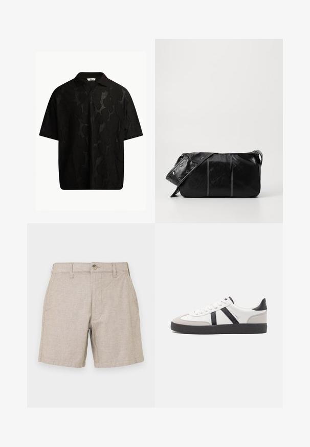 Fekete, rövid ujjú polo póló, amely textúrált, absztrakt mintázattal rendelkezik. A gallér lapos és enyhén nyitott, ami fokozza a laza dizájnt.; Beige len nadrág, sima elejű, két oldalsó zsebből és egy gombos záródásból áll. Az anyag finom textúrájú és könnyű.; Fehér sneaker fekete és szürke részletekkel, textúrált szürke orr résszel, fekete gumitalppal és lapos fehér fűzőkkel. Tiszta dizájn, minimalista stílus.; Fekete bőr válltáska, cipzárral zárva, texturált felülettel, fehér varrással és ezüst fémgyűrűs pánttal.