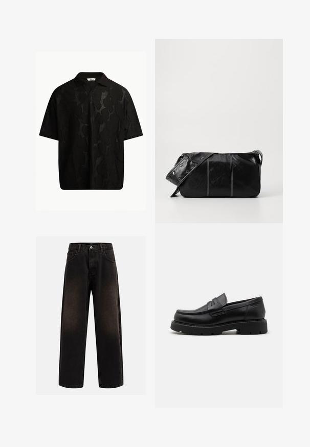 Tricou polo scurt, negru, cu un model abstract texturat. Gulerul este plat și ușor deschis, accentuând designul relaxat.; Blugi din denim negru, cu o croială lejeră, dotati cu bucle pentru curea, design cu cinci buzunare și închidere cu nasture. Material texturat cu o ușoară decolorare.; Mocasiini negre din piele, cu vârf rotunjit, accente texturate pe partea din față și o talpă din cauciuc masivă, cu caneluri pentru aderență.; Geantă de umăr din piele neagră cu închidere cu fermoar, având un corp texturat, cusături albe și o curea cu ochiuri argintii.