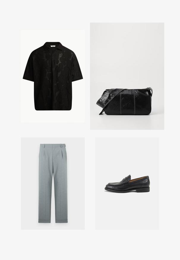 Sort kortærmet polo-shirt med et tekstureret, abstrakt mønster. Kraven er flad og let åben, hvilket fremhæver det afslappede design.; Lysgrå bukser lavet af et tekstureret stof med lige ben, enkel plissering og opfoldede kanter. Minimalistisk og skræddersyet udseende.; Sorte læder loafers med en glat finish, rund tå og dekorativ syning på vampen. Lav stablet hæl og let glans.; Sort læder skuldertaske med lynlås, der har en tekstureret overflade, hvid syning og en rem med sølvøskner.