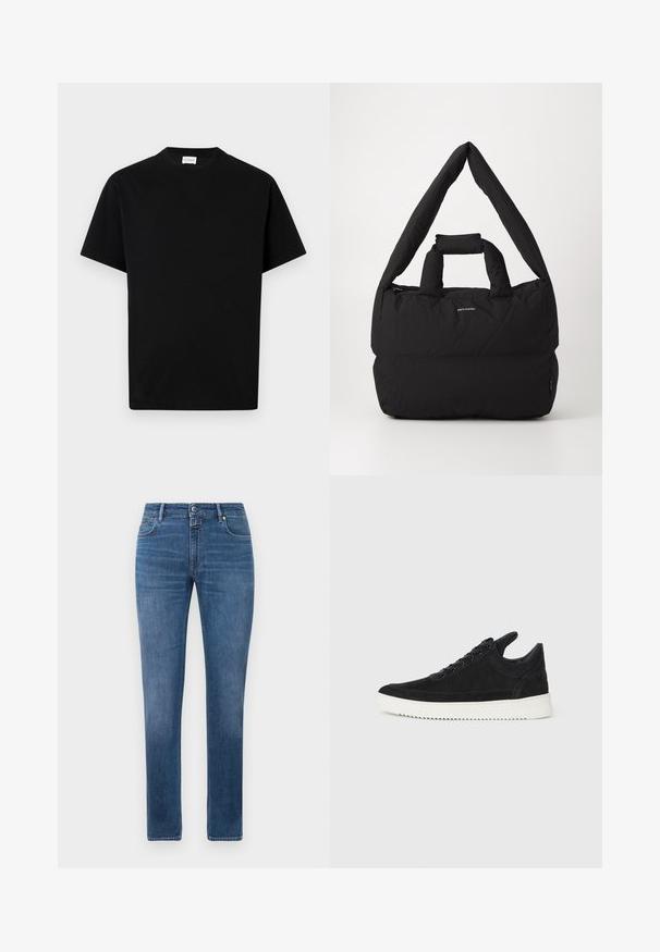 Fekete pamut póló kerek nyakkivágással, rövid ujjakkal és egyenes fazonnal. Nincsenek látható minták vagy fém részletek.; Egyenes szabású kék farmernadrág elülső gombbal, cipzáras záródással és öt zsebbel, fehér háttéren bemutatva.; Fekete nubuk sportcipő fehér gumitalppal, tónusos varrással és fűzős kialakítással. Simák a textúrája, modern, letisztult formával rendelkezik.; Fekete párnázott táska széles, puha vállpánttal és felső fogantyúval. Cipzáras záródással és diszkrét logóval rendelkezik az elején.