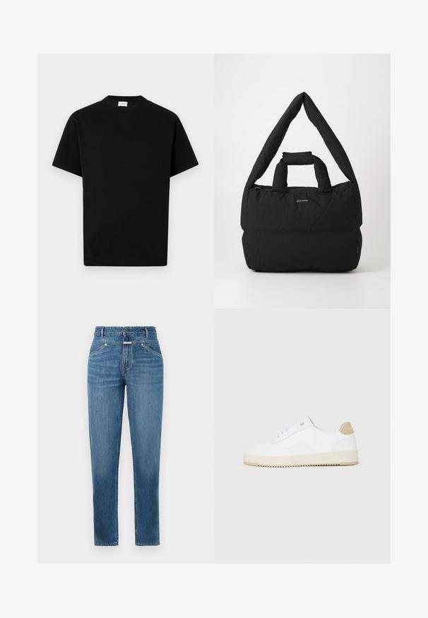 T-shirt in cotone nero con scollo rotondo, maniche corte e taglio dritto. Nessun motivo visibile o dettagli hardware.; Jeans blu a vita alta con gamba dritta, dotati di tasche frontali, passanti per cintura, chiusura a bottone e dettagli di sfumatura leggera.; Sneaker bianche basse in pelle testurizzata, con suola rigata color crema e dettagli sul tallone color marrone chiaro. Presentano lacci bianchi e un logo sul tallone.; Borsa nera imbottita con una larga tracolla morbida e manico superiore. Caratterizzata da una chiusura con zip e un discreto logo sul davanti.