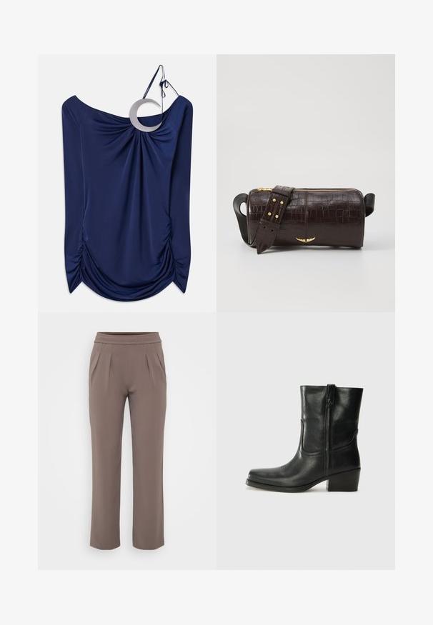 Mornarsko plava drapirana majica s dizajnom bez naramenica, s okruglim metalnim akcentom i nabranim detaljima sa strana. Glatka tekstura.; Taupe hlače širokog kroja s elastičnim pojasom i prednjim naborima, izrađene od glatkog materijala.; Crne kožne čizme do članaka s okruglim vrhom, blok potpeticom, bočnim patentnim zatvaračem i detaljima od šavova na gornjem dijelu. Glatka tekstura, klasičan dizajn.; Smeđa torba od kože s embosiranim krokodilskim uzorkom, cilindričnog oblika, zlatne hardverske detalje i odvojivu naramenicu sa čavlima.