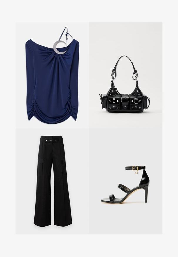 Sötétkék, váll nélküli, drapírozott felső, kerek fém díszítéssel és összehúzott részletekkel az oldalán. Sima textúra.; Fekete, bő szárú nadrág magas derékkal, nagyméretű oldalsó zsebekkel, két elülső gombbal és hurok részlettel. Tartós anyagból készült.; Fekete lakk bőr szandál három pánttal, bokapánttal és 10 cm magasságú tűsarokkal. Arany színű részletekkel és logó charm-mal rendelkezik.; Fekete bőr kézitáska ívelt designnal, ezüst szegecsekkel, csattal és két oldalsó zsebbel. Állítható vállpánt a hordozási lehetőségekhez.