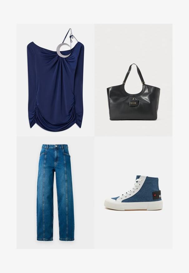 Top drapeado azul marinho com design de ombro à mostra, apresentando um detalhe metálico circular e pregas nas laterais. Textura suave.; Calças de ganga azuis de cintura alta, com pernas largas, costuras verticais frontais, bolsos laterais, passantes para cinto e fecho com botão.; Tenis de cano alto em denim azul com atacadores brancos e sola de borracha. Apresenta um patch preto com um coração vermelho e texto branco na lateral.; Bolsa tote em couro preto com um acabamento brilhante, topo curvado, duas alças para o ombro e um detalhe em metal dourado na frente.