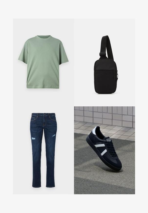 Heled roheline lühikeste varrukatega T-särk ümmarguse kaelusega, valmistatud pehmest kangast. Kujundusel on lõdva istuvusega ning nähtavaid mustreid ei ole.; Tumedas sinises denimist teksad sirge lõikega, millel on reie juures kulunud augud, traditsioonilised taskud ja nähtavad vastandvärvi õmblused.; Must have musta sneaker musta valgete triipudega, tekstuurne kummitald ja nööridega esiosa. Omab bränditud märki keele peal.; Mustmust crossbody kott mustekangast, millel on üks reguleeritav rihm, lukuga põhiosas ja eesmine tasku.