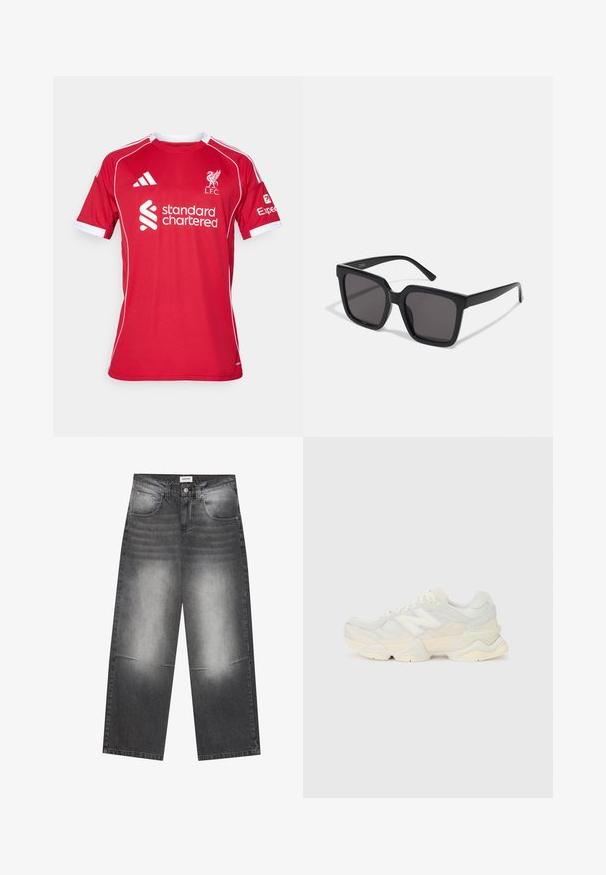 Rdeča nogometna majica s kratkimi rokavi iz poliestra, ima bele poudarke, krožni ovratnik in logotipe L.F.C. in Standard Chartered.; Široke črne usnjene kavbojke z bledim sivim zaključkom, ki imajo sprednje žepke, gumbasto zapiranje in rahlo poškodbe na kolenih.; Lahki športni čevlji z zgornjim delom iz mrežastega materiala in antilopa v nežnih kremnih tonih, z debelim podplatom in tridimenzionalnimi poudarki.; Črne sončna očala s kvadratnim okvirjem, temnimi lečami in gladkim, sijajnim plastičnim materialom. Ročaji imajo preprost, podolgovat dizajn.