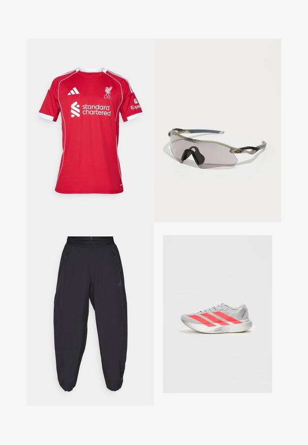 Cămașă de fotbal roșie cu mâneci scurte, fabricată din poliester, prezintă accente albe, guler rotund și logo-uri pentru L.F.C. și Standard Chartered.; Pantaloni atletici negri cu talie elastică, buzunare laterale cu fermoar, picioare tapered și un logo subtil pe coapsa dreaptă.; Pantoflă de alergare ușoară în gri cu accente roșii și design cu trei dungi. Dispune de o parte superioară netedă, vârf rotunjit și talpă texturată.; Ochelari de soare cu un cadru gri translucid, lentile colorate și un design unghiular. Au o piesă nazală distinctivă și brațe temple texturate de culoare gri închis.