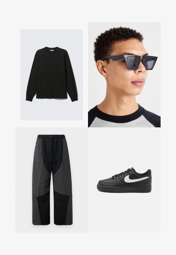 Schwarzes Langarm-T-Shirt aus Baumwolle mit rundem Halsausschnitt und gerippten Bündchen, mit geradem Saum und dezenten Nahtdetails.; Schwarz gefütterte, lockere Hose mit Fleece-Akzenten, die kontrastierende dunkelgraue Stoffpaneele und einen verstellbaren Kordelzugbund aufweist.; Schwarze Nike Air Force 1 Sneakers mit einem glatten Lederobermaterial, weißem Logo-Akzent, durchlöchtem Zehenbereich und strukturierter Gummisohle.; Schwarze, eckige Sonnenbrille mit dunklen Gläsern, die ein mutiges geometrisches Design und ein mattes Finish aufweist. Getragen von einer Person mit kurzer Frisur.