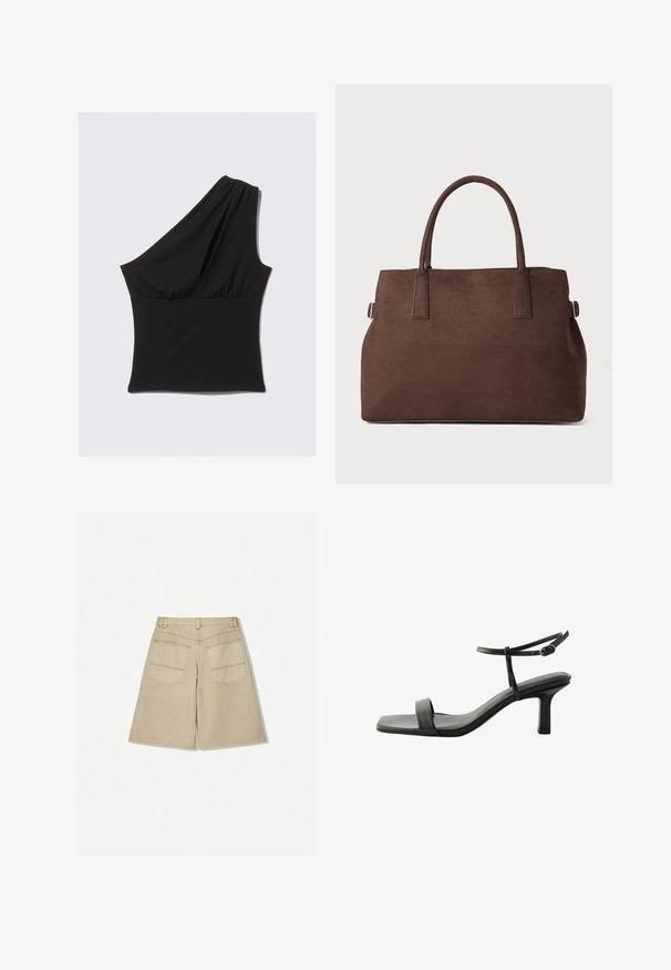 Top asimetric negru realizat dintr-un material elastic, cu un design drapat pe o umăr și talie strânsă pentru un aspect ajustat.; Shorts bej cu o croială lejeră, realizate din denim. Prezintă două buzunare la spate și cusături de contrast de culoare portocalie. Manșeta se află sub genunchi.; Next FOREVER COMFORT SIMPLE REGULAR FIT - Sandale - black; Geantă tote din microfibră maro cu două mânere robuste, formă structurată și design minimal, având accente subtile de cusătură.