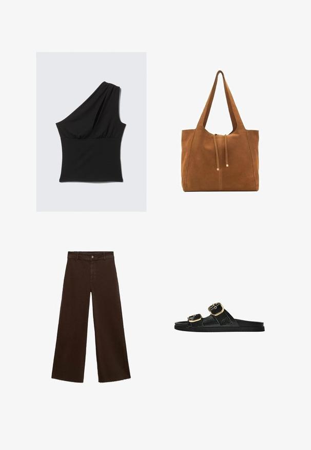 Asimetrična crna majica od rastezljivog materijala, s drapiranim dizajnom na jednom ramenu i skupljenim strukom za prilagodljiv izgled.; Smeđe široke hlače od pamuka, s raspucanim rubom, prednjim kopčanjem na dugme i klasičnim dizajnom s pet džepova. Minimalističke i svestrane.; Crne sandale na klizanje s dva zlatna akcenta u obliku kopči, glatkog teksturiranog materijala, ravnim potplatom i minimalističkim dizajnom.; Smeđa antilop torba za ruke s dva duga remena, zatvaranje na vezicu i minimalistički dizajn. Glatka tekstura i bez vidljivih metalnih elemenata.