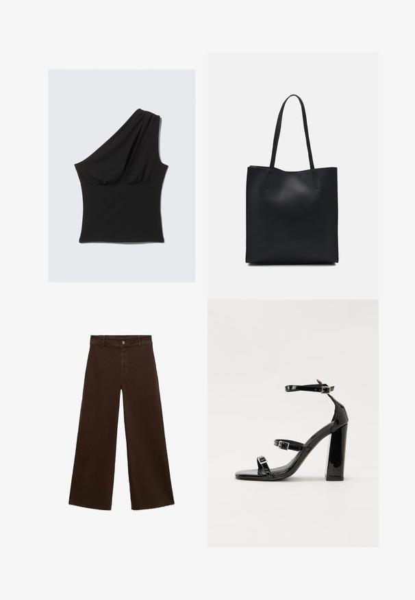Asymmetrische zwarte top van rekbare stof, met een draperende schouderontwerp en een geraffineerde taille voor een aansluitende uitstraling.; Bruine wijde broek in katoenmix, met een rafelige zoom, sluiting met een knoop aan de voorkant en een klassieke vijf-pocketstijl. Minimalistisch en veelzijdig.; Zwarte gepatenteerde sandalen met hak en een vierkante neus, enkelbandjes en zilveren gespen. Heeft een stevige blokhak voor stabiliteit.; Zwarte leren handtas met een gladde textuur, rechthoekige vorm en twee lange handvaten. Geen zichtbare hardware of versieringen.