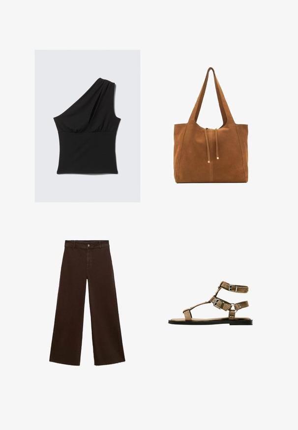 Asimetrična črna majica iz raztegljive tkanine, ki ima drapirano zasnovo z enim ramenom in nabrano pasovno linijo za prilegajoč videz.; Rjave široke hlače iz mešanice bombaža, z raztrganim robom, sprednjim gumbom in klasičnim dizajnom s petimi žepi. Minimalistične in vsestranske.; Rjav semiš sandal z več trakovi in srebrnim sponko, ravnim podplatom, odprtim prstom in diskretno okrasitvijo s konicami.; Rjava semiš torba z dvema dolgima ročajema, z vrvico za zapiranje in minimalističnim dizajnom. Gladka tekstura in brez vidnih kovinskih dodatkov.
