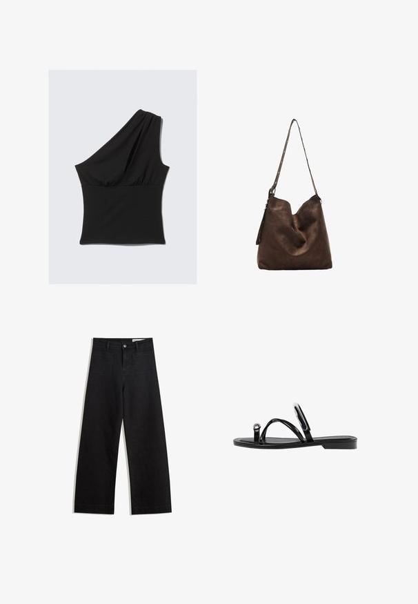 Top noir asymétrique en tissu extensible, présentant un design drapé à une épaule et une taille froncée pour une apparence ajustée.; Pantalon en denim noir à jambes larges avec une taille haute, comprenant des poches avant et arrière, des coutures piquées et une fermeture à bouton. Texture lisse.; Sandales noires plates avec une finition brillante, trois fines lanières et un détail en métal circulaire au niveau des orteils. Design épuré avec un talon minimal.; Sac hobo en suède marron avec un haut courbé, une longue bandoulière avec des accents de points, et une texture douce. Présente un design décontracté pour une utilisation informelle.