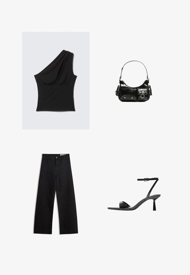 Asymmetrisk svart topp i stretchmaterial, med en draperad design på ena axeln och sammanknuten midja för en figurnära passform.; Svarta vida denimbyxor med hög midja, med fram- och bakfickor, sydda sömmar och knappstängning. Slät textur.; Bershka Sandaletter - black; Svart lackläderhandväska med en rundad form, en axelrem, framfickor och detaljer i silverfärg.