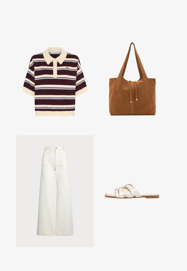 Koszulka polo z krótkim rękawem w bordowe i kremowe paski z jasnoniebieskimi akcentami, z kołnierzykiem i zapięciem na guziki. Miękka dzianina.; Spodnie dżinsowe o szerokich nogawkach w odcieniu off-white. Wysoki stan z zapięciem na guzik, dwiema kieszeniami z przodu i detalami z kontrastowym przeszyciem.; Płaskie sandały z brązową gumową podeszwą, zaprojektowane z trzema nakładającymi się na siebie białymi skórzanymi paskami i małym detalem w postaci kokardy na środku.; Brązowa torba tote z zamszu z dwoma długimi paskami, zamknięciem na sznurek i minimalistycznym wzornictwem. Gładka tekstura i brak widocznych akcentów metalowych.
