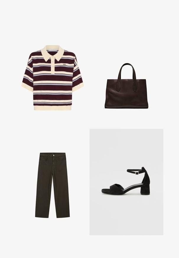 Kurzarm-Poloshirt in bordeauxrot und cremefarbenen Streifen mit hellblauen Akzenten, mit einem Kragen und Knopfleiste. Weicher Strickstoff.; Dunkelgrüne Jeans im weit geschnittenen Style, hergestellt aus einem Baumwollgemisch. Sie verfügen über einen Frontknopfverschluss, fünf Taschen und klassische Denim-Nähte.; Schwarze Wildleder-Espadrilles mit einem dünnen Knöchelriemen, offener Zehenpartie und moderatem Blockabsatz. Glatte Textur und minimale Akzente.; Braune Ledertasche mit zwei langen Griffen, strukturierte rechteckige Form, glatte Textur und dezente Nähdetails.