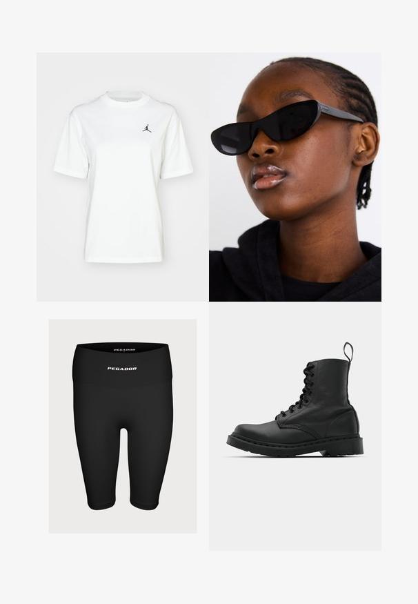White cotton t-shirt with short sleeves, crew neckline, and a small black Jordan logo on the upper left chest area.; Black athletic shorts made of stretchy fabric, featuring a high waistband with a white logo "PEGADOR" on the front.; Black leather combat boot with a round toe, lace-up front, and a pull tab at the ankle. Features a thick rubber sole for durability.; Black cat-eye sunglasses with a matte finish, featuring a sleek design and gently curved edges, set against a model's dark clothing.
