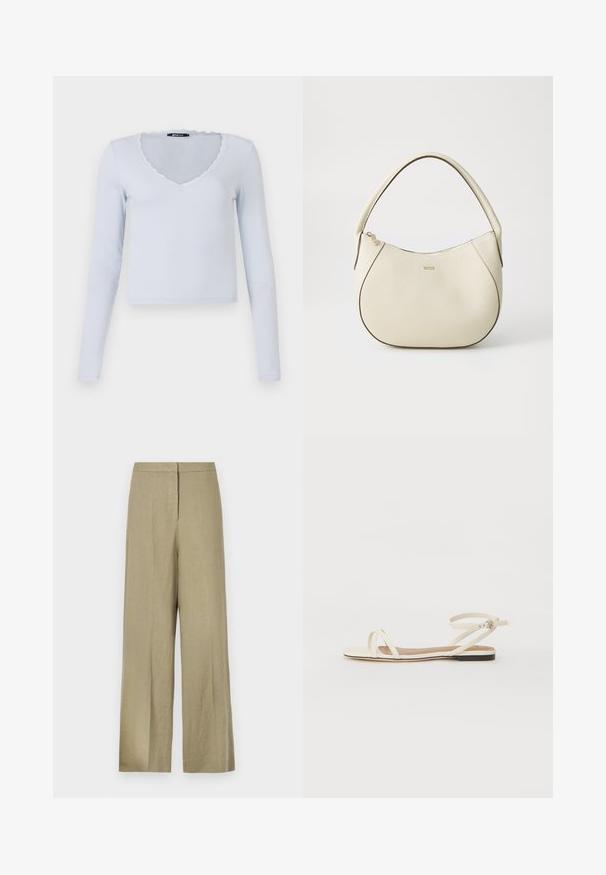 Light blue long-sleeve top with a ribbed texture, V-neckline, and scalloped lace trim around the neckline and sleeves.; Light green, wide-leg trousers made from linen. Features a high waist and clean front design with a single pleat.; Flat sandals in cream leather with thin cross straps, ankle strap with buckle, minimalistic design, and a contrasting black sole.; Cream-colored handbag with a textured finish, curved shape, short handle, and gold-tone logo detail. Zipper closure at the top.