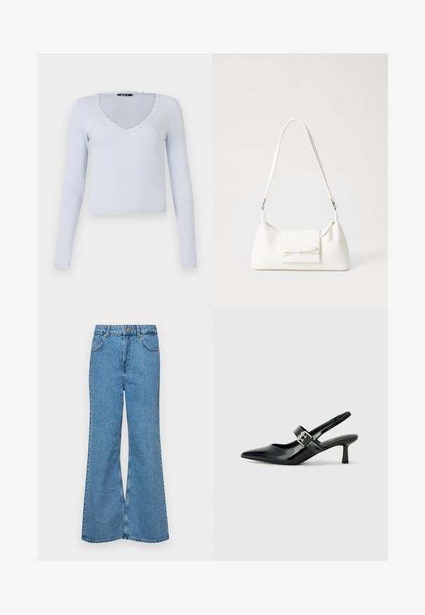 Lyseblå langermet topp med ribbet tekstur, V-hals og bølget blondekant rundt halsen og ermene.; Lyseblå vide jeans laget av denim, med høyt liv, fem lommer og en enkelt knappelukking. Myk tekstur med falmet finish.; Svarte patent lær slingback hæler med spiss tå og en liten blokkheel, med en sølvspenne som detalj på stroppen.; Hvit syntetisk håndveske med trekantet form, flat klaff foran og sløyfe detaljer, justerbar stropp, glatt tekstur og minimalistisk design.