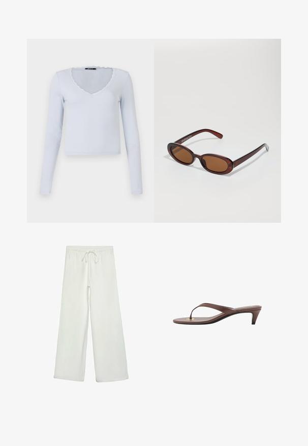 Svijetloplavi dugi rukav majica s rebrastom teksturom, V-izrezom i valovitim čipkastim rubom oko izreza i rukava.; Bijele hlače širokog kroja od mekog materijala. Imaju elastični pojas s vezicom i glatku teksturu. Nema vidljivih uzoraka ili metalnih dijelova.; Smeđe natikače na petu s tankim remenom i zaobljenim vrhom, sa malim zlatnim akcentom na ulošku.; Okvir okruglih, smeđkastih sunčanih naočala s sjajnim burgundskim okvirom. Uski nositelji s suptilnim brendiranjem. Ravna leća.
