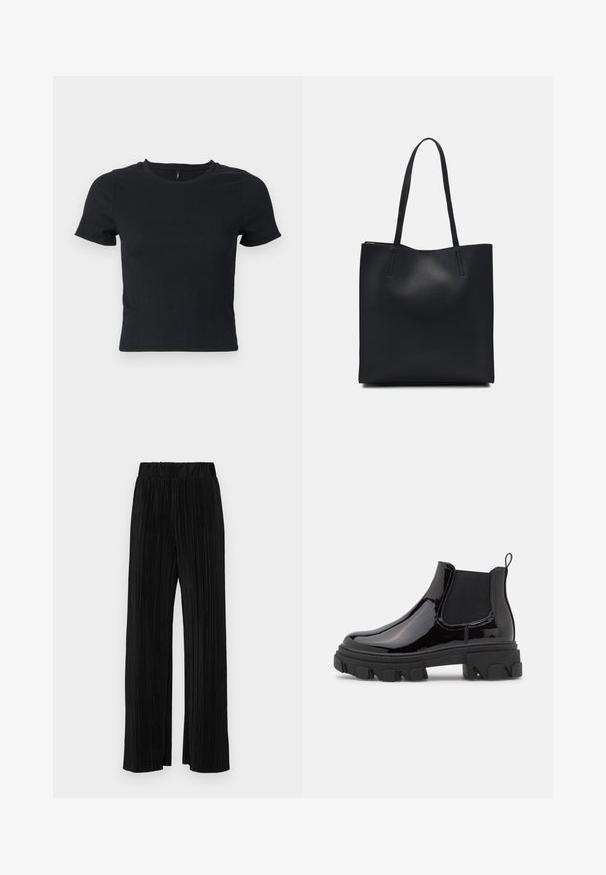 Juoda, trumpomis rankovėmis marškinėliai su tekstūruotu audiniu ir apvalia apykakle. Prigludęs siluetas, subtilus raštas ir vidurinės dalies ilgio dizainas.; Juodi plisuoti kelnės su elastine juosta. Turėkite plačias kojas ir glotnų, tekstūrinį audinį su vertikaliais dryžiais.; Juodos lakinės odos Chelsea botai su elastingais šonais, store pado tekstūra ir užpakaline kilpikei lengvai apsiauti.; Juodas odinis tote krepšys su lygia tekstūra, stačiakampio formos ir dviem ilgais rankenomis. Matomų metalinių detalių ar puošybos nėra.