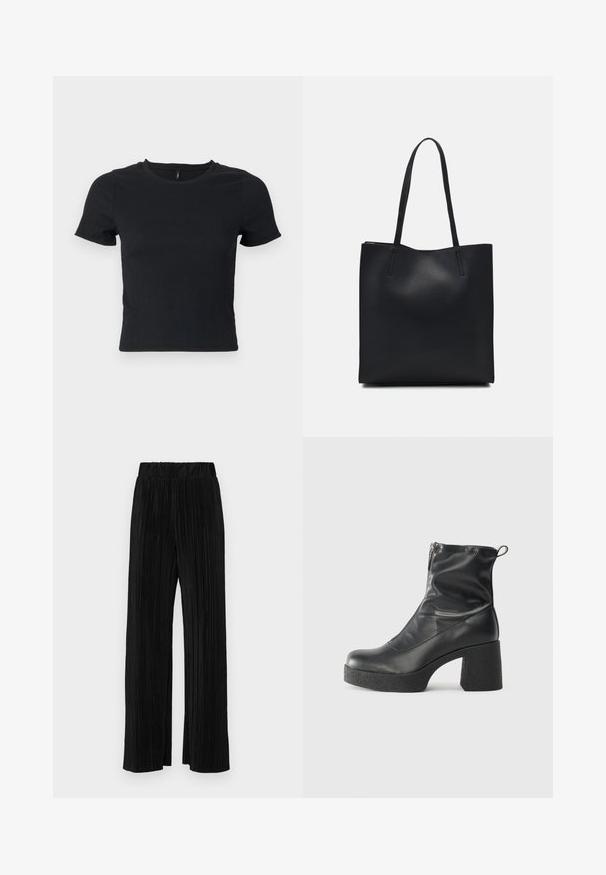 Melnā, īsām piedurknēm t-kreklu ar teksturētu audumu un apaļu kakla izgriezumu. Pieguļošs siluets, smalks raksts un vidukļa garuma dizains.; Melni plīšu bikses ar elastīgu jostu. Tām ir platākas kājas un gluda, teksturēta auduma ar vertikālām svītrām.; Melni potītes zābaki, kas izgatavoti no gludas ādas, ar sānu rāvējslēdzēju, masīvu strukturētu papēdi un noapaļotu purngalu.; Melnas ādas somiņa ar gludu tekstūru, taisnstūra formu un divām garām rokturiem. Nav redzamu aparatūras vai rotājumu.