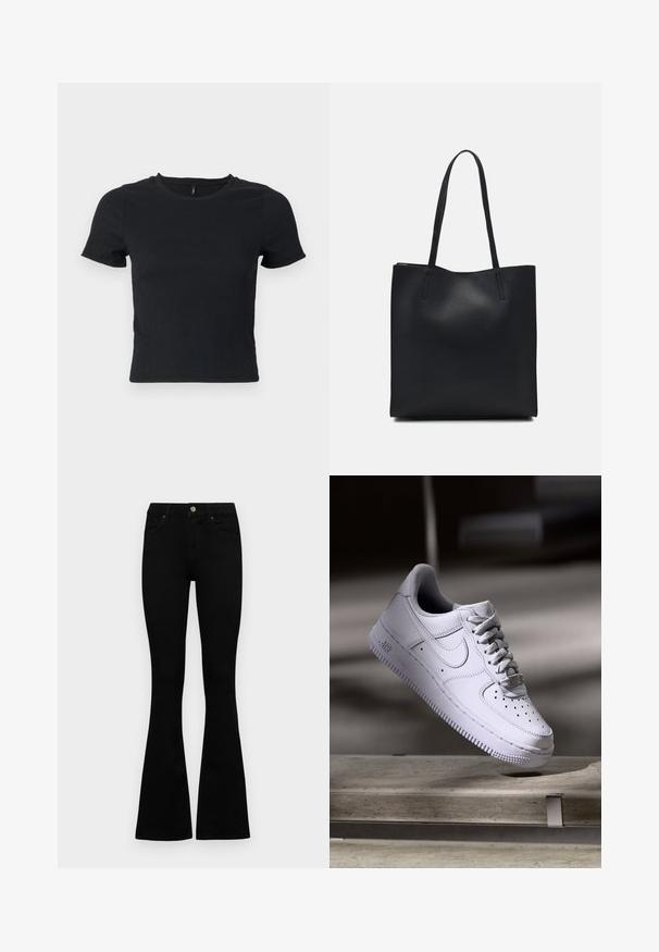 Crna majica kratkih rukava s teksturiranim materijalom i okruglim izrezom. Prilagođenog kroja, suptilan uzorak i dužina do struka.; Crne traperice viskog struka s kopčanjem na gumb i rajfeslusu, prednjim džepovima i širom nogavicama položene su ravno na bijeloj pozadini.; Bijela Nike Air Force 1 tenisica lebdi iznad betonske površine s sjenama u minimalističkom okruženju.; Crna kožna torba za nošenje s glatkom teksturom, pravokutnim oblikom i dvije duge ručke. Nema vidljivih metalnih dijelova ili ukrasa.