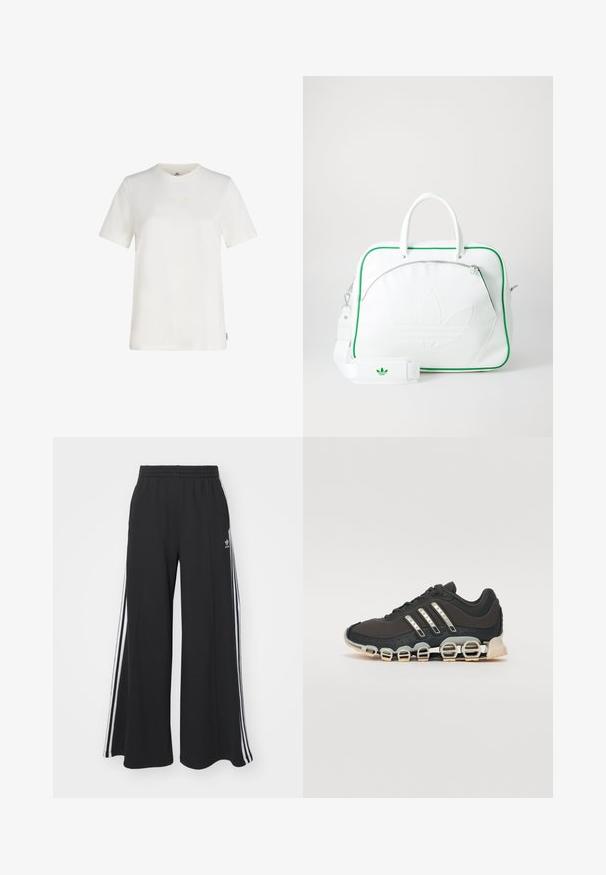 Biała koszulka z krótkim rękawem wykonana z bawełny, z subtelnym haftowanym logo na piersiach, okrągłym dekoltem i luźnym krojem.; Czarne szerokie spodnie dresowe z elastycznym pasem, z białymi paskami po bokach i haftowanym logo na lewej udzie.; Czarne sportowe buty z teksturowaną cholewką, trzema srebrnymi paskami i charakterystyczną podeszwą z amortyzacją, składającą się z wielu zintegrowanych sekcji.; Biała skórzana torba z zielonymi akcentami, z wyraźnym tłoczonym logo, podwójnymi uchwytami, odpinanym paskiem i zapinaną na zamek kieszenią z przodu.