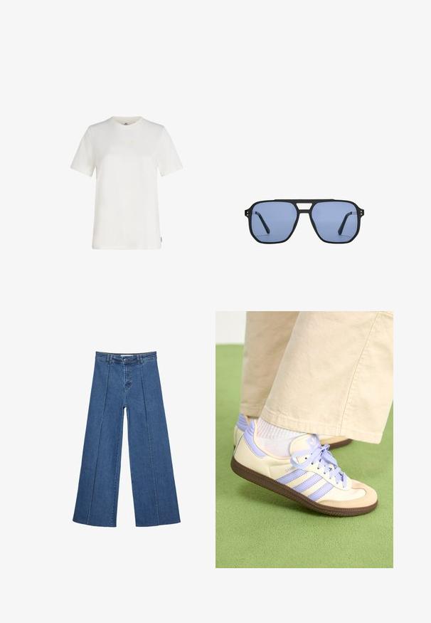 Weißes T-Shirt mit kurzen Ärmeln aus Baumwolle, ausgestattet mit einem dezent gestickten Logo auf der Brust, rundem Ausschnitt und lockerer Passform.; Weite Jeans aus Denim in Mittelblau, mit hoher Taille, Knopfverschluss und kontrastierenden vertikalen Nahtdetails an der Vorderseite.; Cremefarbene und lavendelfarbene Sneakers mit drei Streifen und einer strukturierten braunen Sohle, ausgestattet mit Schnürsenkeln und einer gepolsterten Ferse. Obermaterial aus weichem Stoff.; Stradivarius RETRO - Sonnenbrille - light blue