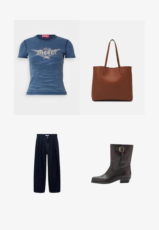 Diesel ELE - T-shirt med print - 01; Mörk denim vida byxor med veck vid midjan, med en framknapp och bältesögglor. Slät textur och helängdsdesign.; Svart läderankelboot med rund tå, låg blockklack, sidodel av elastisk panel och en guldfärgad spänneaccent på ankelsnöret.; Brun läder tote-väska med en slät textur, öppen toppdesign och två axelremmar. Har minimal söm och ingen synlig metalldetalj.