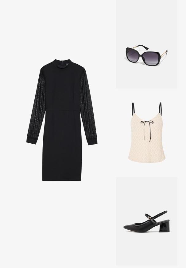 Világos bézs csipke felső, hajlított mintával, vékony fekete pántokkal és elülső masnival a részletesebb megjelenésért.; Fekete ruha testhez simuló fazonnal és hosszú, áttetsző, mintás ujjakkal. Jellemzője a magas nyak és az egyszerű, letisztult sziluett.; Fekete lakk bőr, pántos magassarkú cipő, hegyes orral, lekerekített kivágással és tömbsarkal. Arany színű csat díszíti.; Fekete, oversize napszemüveg fokozatos árnyalatú lencsékkel, vastag kerettel és arany színű lánc díszítéssel a szárakon.; Fekete kézi táska strukturált formával, sima textúrával és fémből készült záródással. Széles fekete nadrággal és nyitott orrú szandállal párosítva, fából készült padlón.