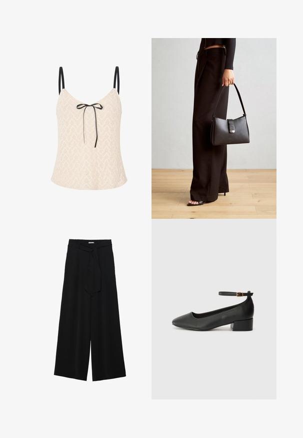 Koronkowa bluzka w jasnym beżu z wzorem w zygzak, z cienkimi czarnymi ramiączkami i akcentem w postaci kokardy z przodu dla dodatkowego wykończenia.; Czarne spodnie szerokie z teksturowanej tkaniny, z elastycznym paskiem w talii i odpinanym paskiem w talii dla regulowanego dopasowania.; Czarne skórzane szpilki z ostrym noskiem i niskim słupkowym obcasem. Wyposażone w pasek na kostkę z złotym zapięciem. Gładka tekstura.; Czarna torebka o usztywnionym kształcie, gładkiej fakturze i metalowym zapięciem. Połączona z szerokimi czarnymi spodniami i sandałami na otwartym palcu na drewnianej podłodze.