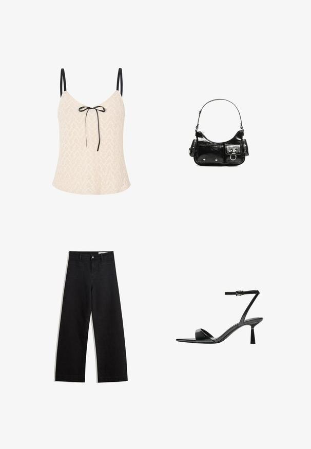 Krajkové tielko v svetlej béžovej farbe s vzorom v tvare šípu, s tenkými čiernymi ramienkami a predným mašľovým detailom pre dodatočný efekt.; Čierne denimové nohavice s širokými nohavicami a vysokým pásom, so prednými a zadnými vreckami, šitými švami a zapínaním na gombík. Hladká textúra.; Bershka Sandále na vysokom opätku - black; Čierna laková kožená kabelka s ohnutým tvarom, jedným ramenným popruhom, prednými vreckami a striebornými kovovými doplnkami.