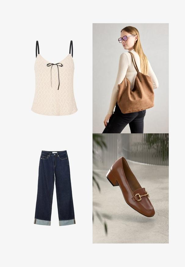 Spetsöverdel i ljus beige med ett zick-zack mönster, med tunna svarta remmar och en framaxel som ger en extra detalj.; Mörkblå vida jeans med hög midja, utrustade med uppvikta fållar, kontrasterande sömmar och femficksdesign. Tillverkade av denimtyg.; Brun lackläder loafer med fyrkantig tå, metallkedja som accent och låg blockklack; slät textur, minimalistisk design.; Brun mocka toteväska med mjuk textur, stor öppning och långa axelremmar. Har en enkel design med synliga sömmar och ingen hårdvara.