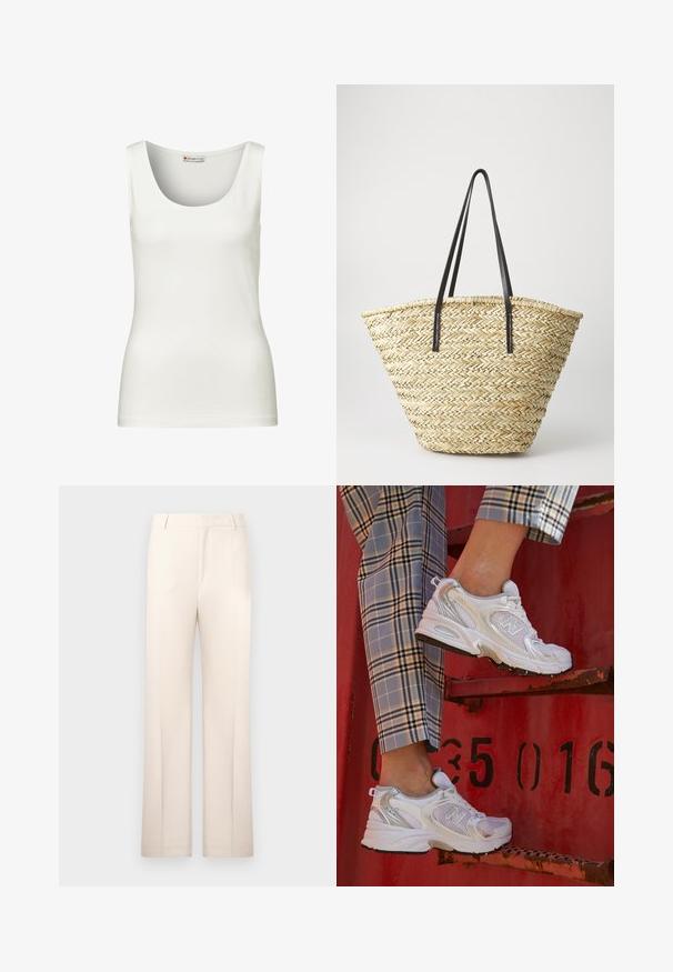Bílé bezrukávové tričko s kulatým výstřihem, vyrobené z hladké bavlněné látky, s přiléhavým střihem a bez viditelných vzorů nebo akcentů.; Růžové upravené kalhoty s rovnými nohavicemi, vyrobené z lehké látky. Má přední sklady a klasický pas.; Bílé síťované tenisky se stříbrnými akcenty a texturovanou podrážkou, umístěné na červeném povrchu, zkombinované s kostkovanými kalhotami.; Tkaná slámová taška s širokým, zúženým tvarem, se dvěma černými koženými uchy. Přírodní béžová barva s texturovaným povrchem.
