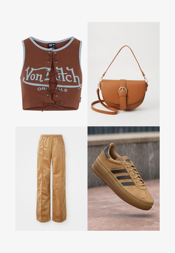 Bruine geribbelde crop top met een lace-up ontwerp aan de voorkant en lichtblauwe grafische tekst. Bevat een ronde halslijn en een textuurstof.; Tan wijde broek van zacht, fluweelachtig materiaal. Voorzien van een elastische tailleband en verticale naden aan de voorkant voor extra detail.; Tansuede sneakers met een gladde textuur, voorzien van drie donkere strepen, een ronde neus en een dikkere zool met een gemarmerde rand.; Bruine leren schoudertas met een gebogen vorm, gouden hardware en een gespaccent. Bevat een afneembare schouderriem.