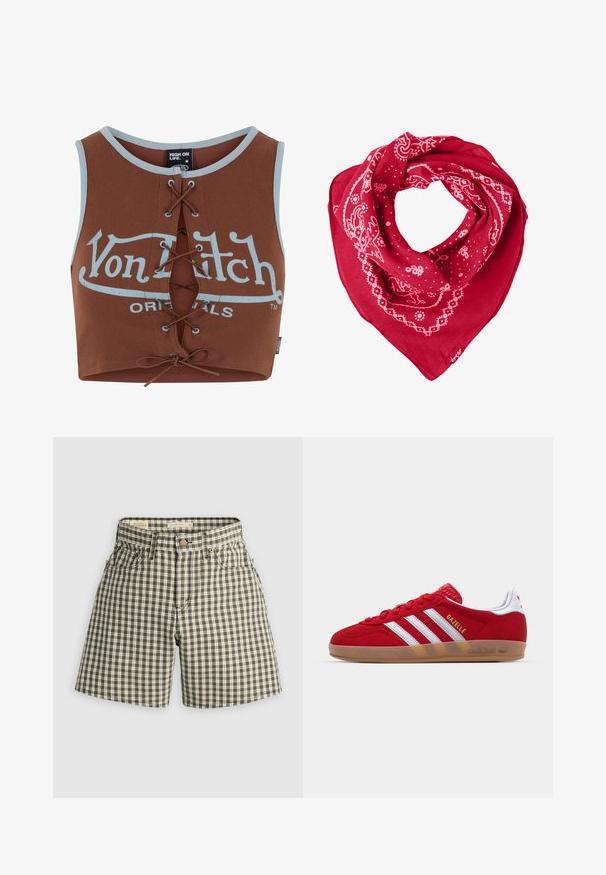 Pruun ribaed crop top, millel on köitmine ees ja helesinine graafiline tekst. Sisaldab ümmargust kaelust ja tekstureeritud kangast.; Pruun ja valge ruuduline lühike püksid, millel on nööpkinnitus, kaks eesmist taskut ja mugav lõige. Valmistatud kootud kangast, millel on sile tekstuur.; Punane sametist tennisekes, millel on valge kolmestriibuline disain ja kuldne "Gazelle" tekst. Varustatud kummist tallaga ja tekstureeritud kontsaga.; Punane bandaan, mis on valmistatud puuvillast, valgete paisley ja täppide mustritega, kolmnurkse kujuga ning alumises nurgas sildiga.