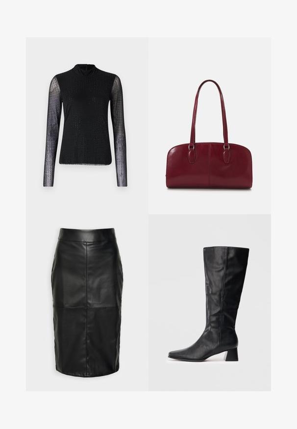 Juoda ilga rankovė viršutine dalimi su permatomomis tinklelio rankovėmis, aukštu kaklu ir mažų taškelių raštu ant kūno bei rankovių.; Juodas odinis sijonas su sklandžiu tekstūru, turintis aukštą juosmens liniją ir siuvinėjimo siūlų, sukuriančių subtilią, struktūruotą formą.; Juodas odinis vidutinio ilgio botas su smailiu kojų pirštu ir blokuotu kulnu ant vienspalvio šviesaus fono.; Zign LEATHER - Rankinė - dark red