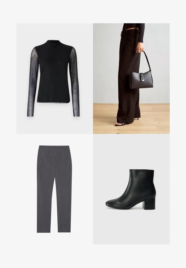 Μαύρη μπλούζα με μακριά μανίκια, διακοσμημένη με διαφανή μανίκια από δίχτυ, ψηλό λαιμό και σχέδιο από μικρές κουκίδες σε όλο το σώμα και τα μανίκια.; Γκρι tailored παντελόνι φτιαγμένο από υφασμάτινο υλικό με υφή, που διαθέτει πλευρικές τσέπες και ίσια γραμμή με λείο λάστιχο στη μέση.; Μαύρες δερμάτινες μπότες αστράγαλου με μυτερή μύτη και χοντρό τακούνι. Λείο υλικό με ελάχιστες λεπτομέρειες και κομψό, εφαρμοστό σχέδιο.; Μαύρη τσάντα χειρός με δομημένο σχήμα, λεία υφή και μεταλλικό κούμπωμα. Συνδυασμένη με φαρδιά μαύρα παντελόνια και σανδάλια ανοιχτής μύτης πάνω σε ξύλινο πάτωμα.