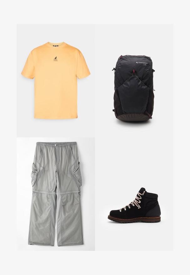 Žluté bavlněné tričko s kulatým výstřihem, krátkými rukávy a černým klokaním logem na prsou. Jednoduchý a nenáročný design.; Světle šedé, prodyšné kalhoty z látky s elastickým pasem, bočními kapsami a kontrastním šedým lemováním podél švů. Volnější střih.; Černé semišové turistické boty s růžovými tkaničkami, kovovými očky, polstrovanou podporou kotníku a texturovanou gumovou podrážkou, s kontrastní hnědou mezipodešví.; Černý batoh s trojúhelníkovým logem, kapacita 26L, zipové uzavření, texturovaná spodní část a kontrastní červené akcenty pro přidaný detail.