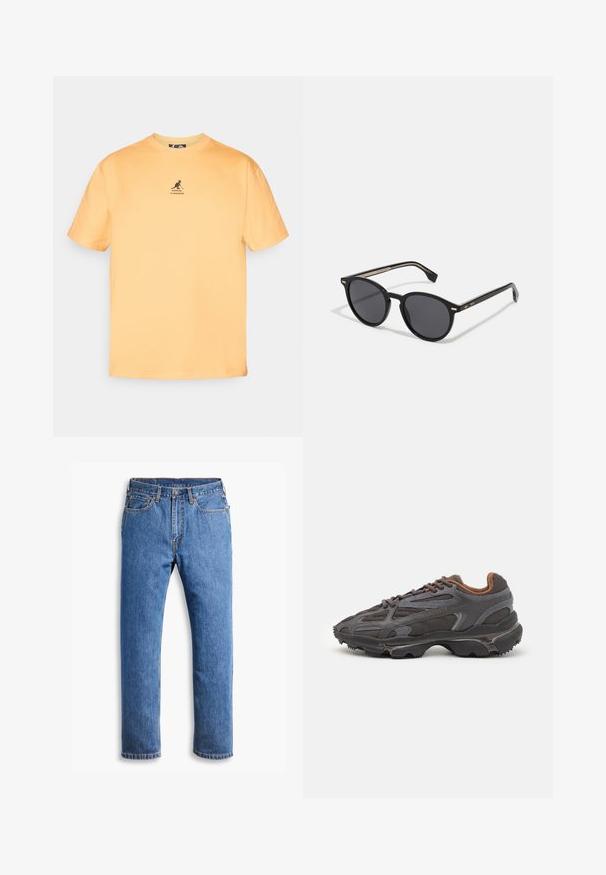 Camiseta de algodón amarilla con cuello redondo, mangas cortas y un logo de canguro negro en el pecho. Diseño simple y sin adornos.; Jeans de mezclilla azul con corte recto, que cuentan con cinco bolsillos, cierre de botón y acentos de costura naranja sobre un fondo blanco limpio.; Zapatillas Lacoste en gris oscuro con material de malla y sintético, que cuentan con una suela texturizada y detalles en marrón en el cuello y la marca.; BOSS Gafas de sol - black