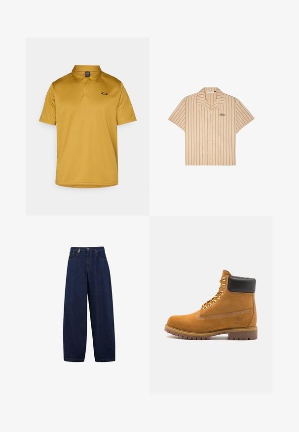 Īsām piedurkņu polo krekls sinepju dzeltenā krāsā, izgatavots no gludas auduma, ar klasisku apkakli un mazu melnu logo uz krūšu.; KraShort-sleeve pogli piete maijā viena Izstrāde: bezsila pogu krekla ar apdari uz lapām.; Brīvi pieguļoši tumši zili džinsu bikses ar augstu jostasvietu, priekšējām kabatām un taisnas kāju dizainu. Ietver sudraba tonis aksesuārus un minimālu šuvju izmantošanu.; Brūna zamša potīte ar melnu izšuvumu ap kaklu, zelta metāla acu caurumi, balta šuvju apdare un izturīgs gumijas zole ar izteiktu zīmējumu.