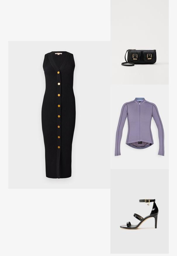 Purple long-sleeve cycling jersey with a high collar, front zipper, and contrasting stitching. Features a rounded hem and breathable fabric.; Black ribbed knit dress with a V-neckline, sleeveless design, and gold-tone buttons down the front, featuring a fitted silhouette.; Black patent leather sandal with three straps, ankle buckle, and 4-inch stiletto heel. Features gold hardware detail and logo charm.; Black leather crossbody bag with two front pockets, gold buckles, zipper closure, and a slim strap. Textured surface and compact rectangular shape.