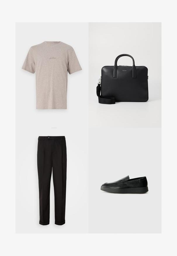 Beige lyhythihainen t-paita, joka on valmistettu pehmeästä kankaasta. Paidassa on pyöreä pääntie ja hillitty brodeerattu logo rinnassa.; Mustat housut, joissa on sileä pinta, suora leikkaus, kaksi etutaskua ja yksittäinen nappikiinnitys vyötäröllä.; Calvin Klein HYBRID CUP - Loaferit/pistokkaat - triple black; Musta nahkainen salkku tekstuuripinnalla, kaksinkertaisilla kahvoilla, irrotettavalla olkahihnalla ja etupuolella logo-yksityiskohta. Vetoketjukiinnitys.