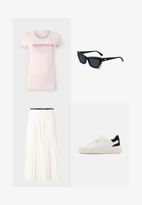 Heled roosa puuvillane T-särk, millel on ümmargune kaelus, lühikesed varrukad ja dekoratiivne gradientteksti "GUESS LOS ANGELES" koos sädelevate kividetailidega.; Kurtitudega valge seelik musta elastse vööga, millel on "LACOSTE" logo. Keskmise pikkusega disain pehme tekstuuriga.; Valged nahast tennisetossud paksu valge tallaga, musta sametist kontsakeeuga ja külje peal riigilogo reljeefne kujundus. Lukkeskeem kuue silmaauguga.; Mustad suured mustad prillid geomeetrilise kujuga, tumedate läätsedega ja kontrastse halli detailiga raamidel. Logo käe peal.