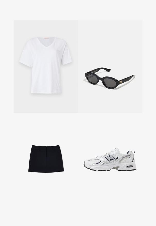 Valge lühikeste varrukatega V-kaelusega T-särk, valmistatud pehmest puuvillast, millel on rinna peal peen logo detail. Lame ja sile tekstuur.; Mustmust kasut, millel on nööpide küljes fikseeritud disain, kaks külgtaskut ja frontseam detailid. Valmistatud siidisest ja kergest kangast.; Valge sportlik king, millel on võrgust ülasäär, tumesinised aktsendid ja pehme tallan. Omab "N" logo, paelu ja tekstuurset detaili külje peal.; Mustad mustad prillid tumedate läätsedega ja läikiva plastraamiga. Omab kuldset logo põlveosal, pakkudes stiilset ja kaasaegset disaini.