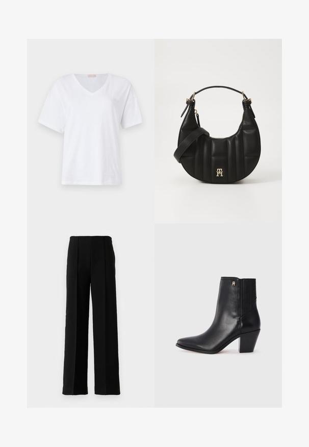 Hvit kortermet T-skjorte med V-hals laget av myk bomull, med en subtil logo-detalj på brystet. Flat, jevn tekstur.; Svart høytlivde brede bukser med frontfold, vist mot en enkel hvit bakgrunn.; Svart lær ankelstøvlett med spiss tå, elastiske sidestykker og firkantet hæl. Har et lite gulllogo som aksent.; Svart skinnhåndveske med en buet form, kviltet tekstur og gullhardware. Har en avtagbar skulderrem og logo-detaljer.