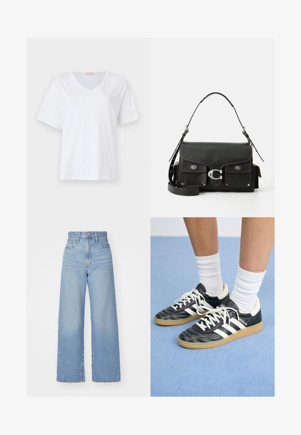 T-shirt blanc à manches courtes en V, fabriqué en coton doux, avec un léger détail de logo sur la poitrine. Texture plate et lisse.; Jean large taille haute bleu clair avec bouton et fermeture éclair à l'avant, poches avant et arrière, sur fond blanc.; Sneakers en cuir noir avec des rayures blanches, bout rond, lacets blancs et semelle en caoutchouc beige. Accentué par un col rembourré et des détails de marque.; Sac à main en cuir noir avec une fermeture rabat, quincaillerie en argent, deux poches avant, surpiqûres contrastantes et une bandoulière amovible.